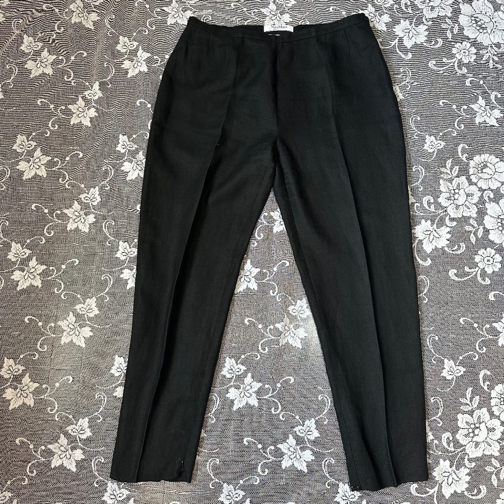 MaxMara Puro Lino Black Linen Trousers with Hem Zip Detail